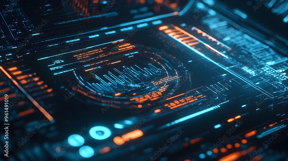 Poster futuristic holographic investment dashboard displaying comprehensive financial metrics analytical da