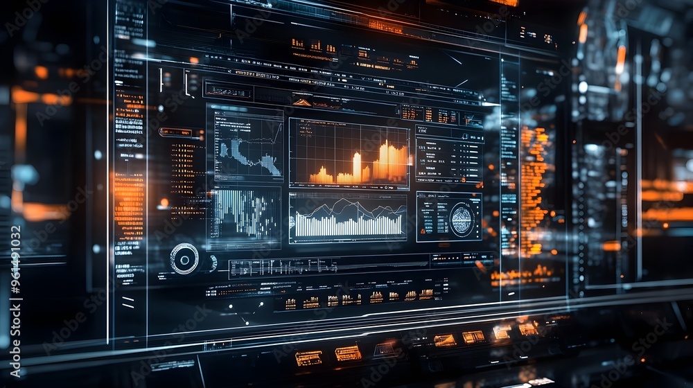 Poster a holographic display of a futuristic investment dashboard showcasing a comprehensive view of financ