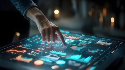 Fototapeta premium Futuristic holographic digital portfolio management interface showcasing data visualization and analytics for investment planning growth strategy and productivity optimization