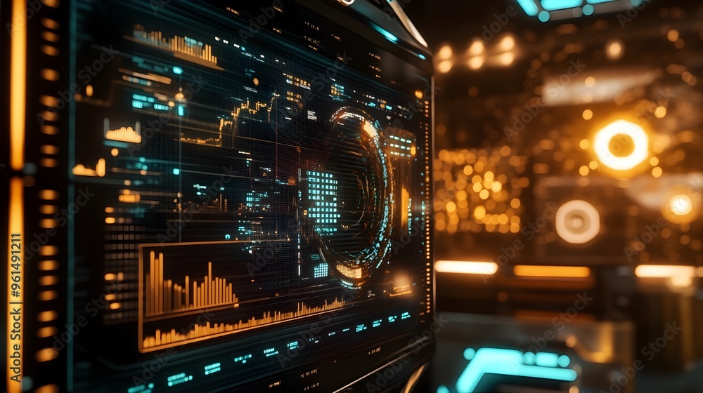 Poster holographic market prediction tool with interactive graphs and charts visualizing financial data and