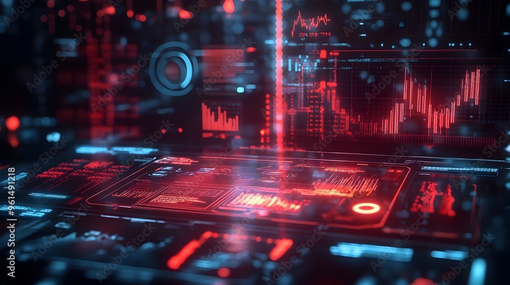 Poster a futuristic holographic interface showcasing an interactive market prediction tool with dynamic gra
