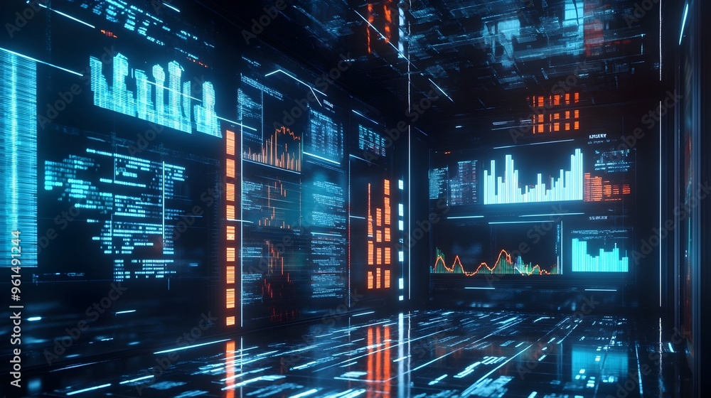 Poster holographic trading interface with advanced analytics and visualizations a cutting edge financial te