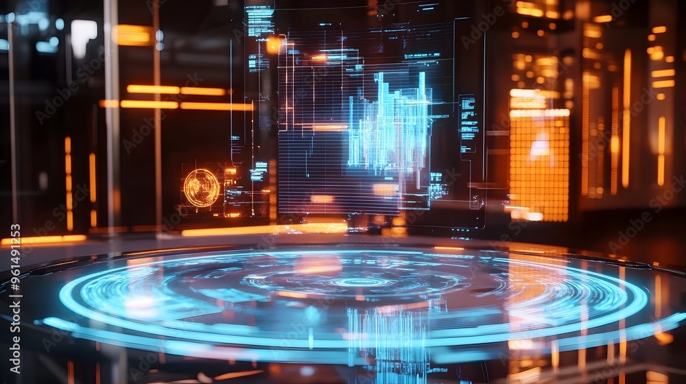 Poster futuristic holographic interface showcasing a comprehensive financial planning system with advanced 