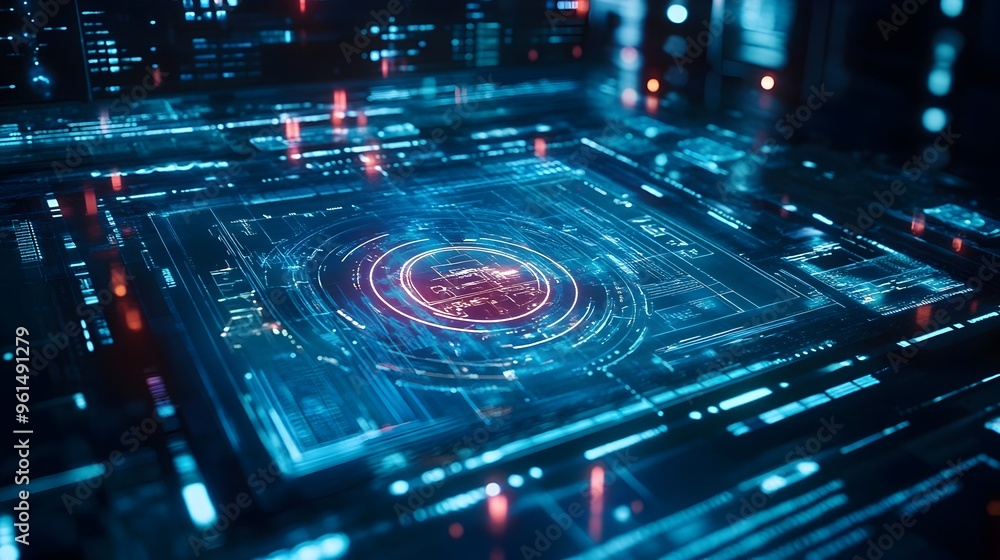 Poster futuristic holographic display showcasing an advanced financial planning and scenario analysis syste