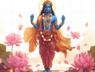 Fototapeta premium Divine Krishna standing gracefully on a lotus flower, surrounded by serene aura and divine light, vibrant spiritual energy backdrop, new beautiful stock image illustration AI