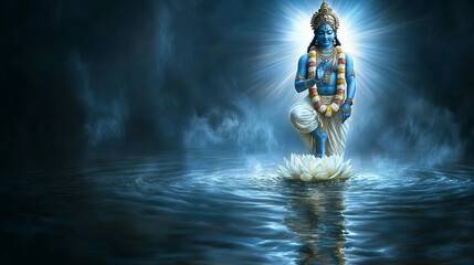 Divine Krishna standing gracefully on a lotus flower, surrounded by serene aura and divine light, vibrant spiritual energy backdrop, new beautiful stock image illustration AI