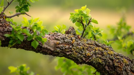 Obraz premium A branch of a tree, closely depicted, adorned with verdant leaves and lichen, against a softly blurred background