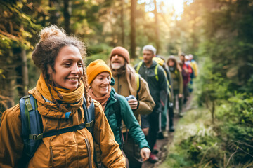 A cheerful group of hikers walks along a lush forest trail, basking in the warm sunlight filtering through the trees while enjoying their nature adventure