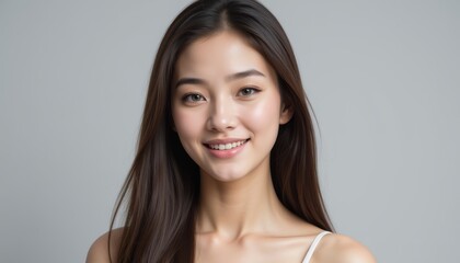 A cheerful young woman with long hair smiles warmly against a neutral background, showcasing natural beauty and confidence.
