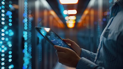 Technician in Server Room Using a Tablet