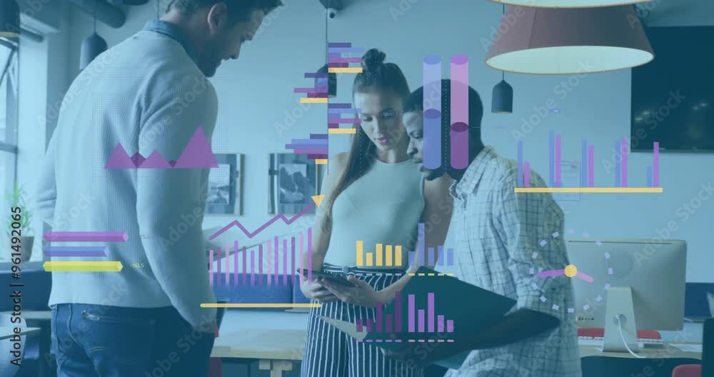 Poster business data analytics animation over diverse colleagues discussing project in office