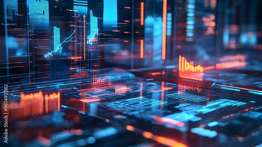 Poster futuristic holographic 3d financial report featuring detailed data visualizations and analytics for 