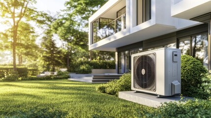 Air conditioner on outdoor side wall on modern house. AI generated image