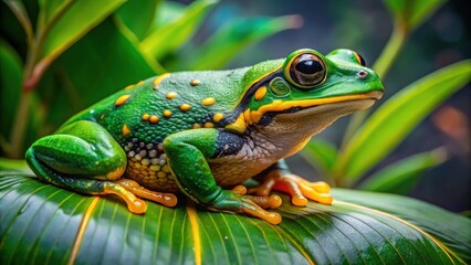 Obraz premium Vibrant green African rain frog with bright yellow underside and intricate patterned skin perches on a leaf in a lush, misty tropical rainforest environment.