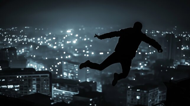 A silhouette of a man jumping over a cityscape at night. The city lights create a sparkling backdrop, symbolizing the potential for success, overcoming obstacles, taking risks, and the pursuit of drea - Powered by Adobe
