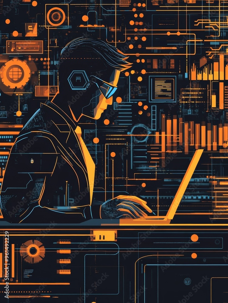 Poster a silhouette of a hacker working on a laptop in a futuristic setting, surrounded by digital lines an