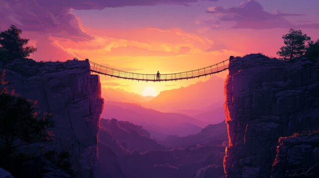 Fototapeta A silhouette of a person stands on a rope bridge connecting two cliffs. The sun sets behind the bridge, casting an orange glow over the surrounding mountains. The image evokes a sense of adventure, co