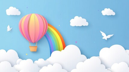 Obraz premium Colorful paper cut sky with hot air balloon,clouds and rainbow landscape background. AI generated