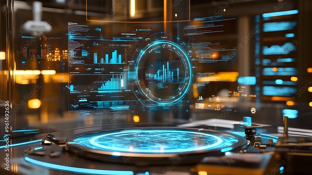 Aufkleber holographic financial risk management scenarios displayed interactively on a futuristic digital dash