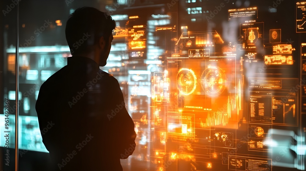 Poster holographic display of interactive financial risk management scenarios and data visualization on a f