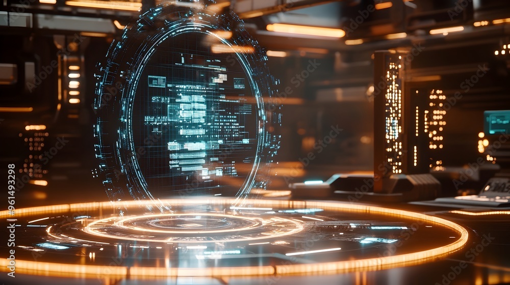 Poster a hologram featuring a digital asset tracking system with dynamic updates showcasing a futuristic in