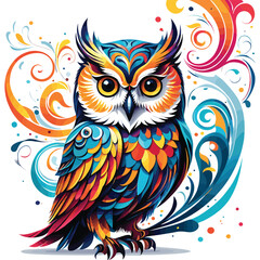 Fototapeta premium Colorful owl vector illustration with swirls on white background, perfect wall art, decor piece