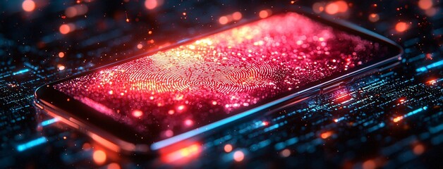 A vibrant representation of biometric technology for secure banking, ideal for marketing in the cybersecurity sector. Business with copy space.