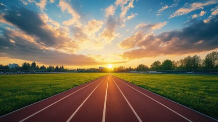 A wide-angle shot of a running track with green fields under a picturesque sky at sunset.