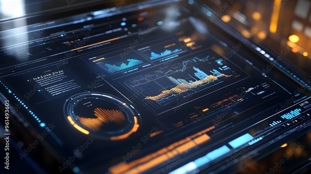 Poster holographic digital wealth management dashboard showcasing key financial metrics and analytics for m