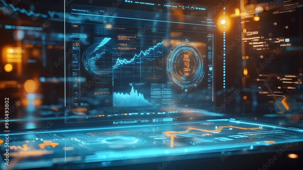 Poster futuristic holographic investment simulation tool with advanced interactive elements for financial a