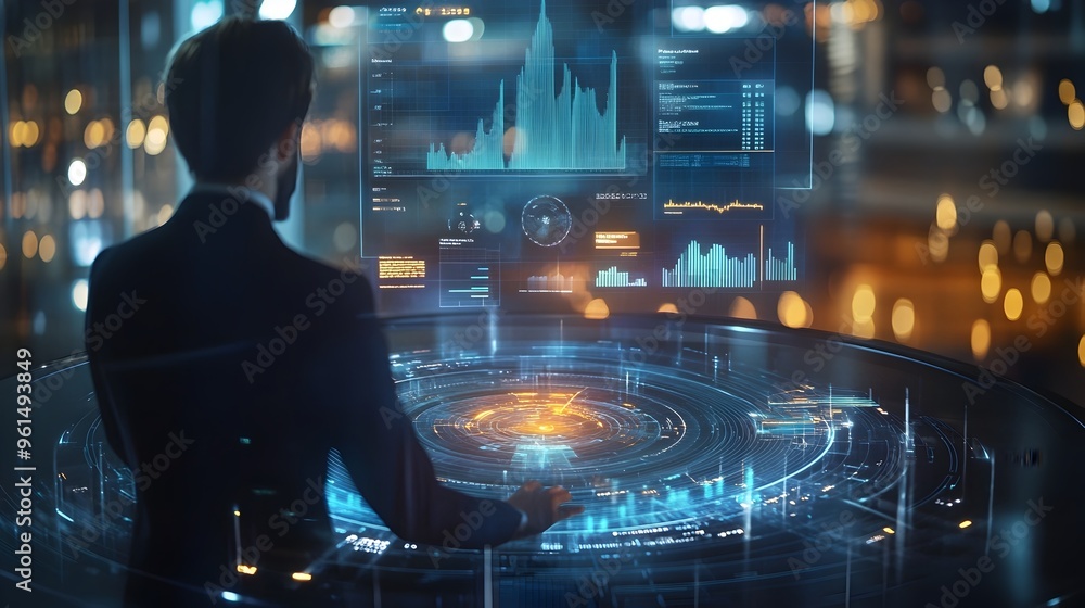 Poster futuristic holographic financial planning and strategy display with advanced data analytics and acti