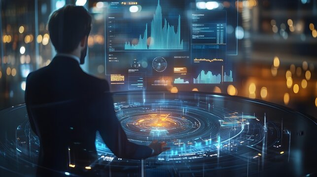 Futuristic holographic financial planning and strategy display with advanced data analytics and actionable insights to support smart business decision making and forward looking corporate strategies