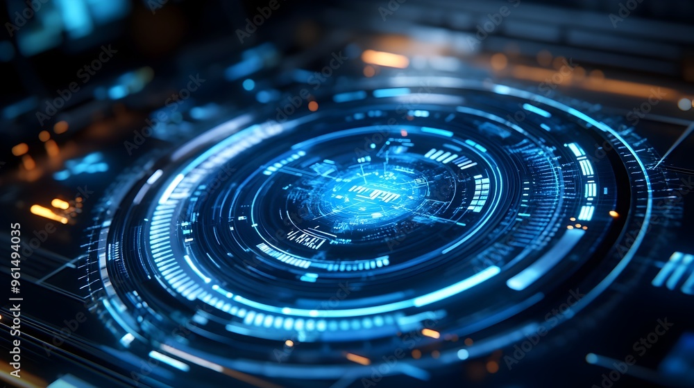 Poster a photograph of a hologram depicting an advanced investment simulation tool with interactive element