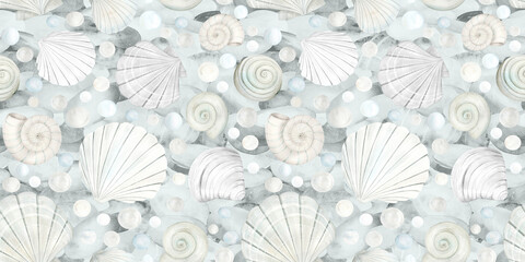 Seamless pattern of beige sea shells, bubbles and pebbles watercolor illustration on pebble background. Hand drawn ocean clams clipart for nautical and seaside designs in monochrome pastel colors.