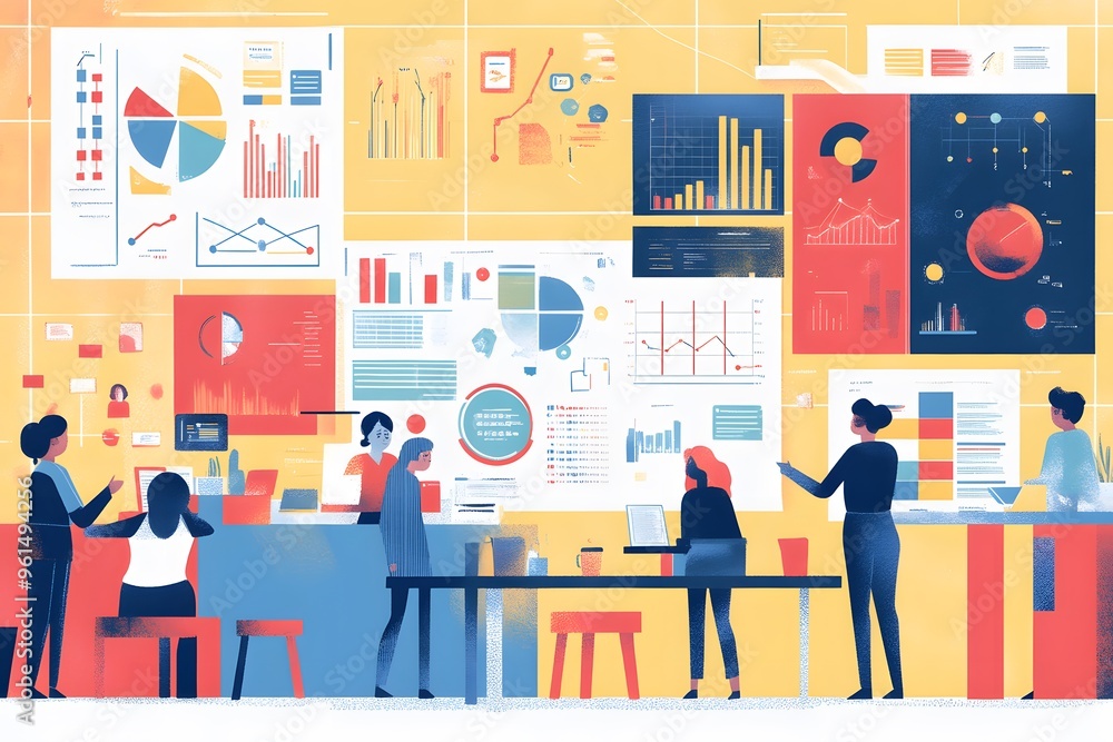 Poster a team of diverse individuals collaborating on data analysis and strategy in a modern office