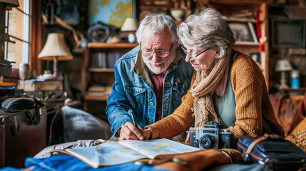 An elderly couple studies a detailed map together in a warm, inviting cabin filled with travel memorabilia. They share ideas for their upcoming vacation
