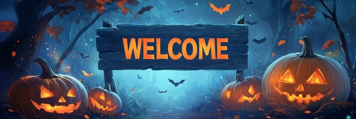 A spooky Halloween welcome sign in a dark forest, illuminated by the glow of jack-o'-lanterns.  Bats fly overhead, adding to the eerie ambiance.  Autumn leaves fall, creating a sense of anticipation f