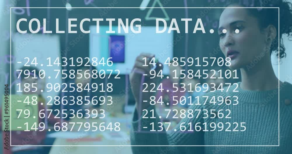 Poster collecting data animation over person writing on transparent board in office