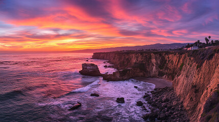 A stunning coastal cliffside with waves crashing against the rocks, highlighted by a vibrant sunset painting the sky in hues of orange, pink, and purple, creating a breathtaking natural scene.