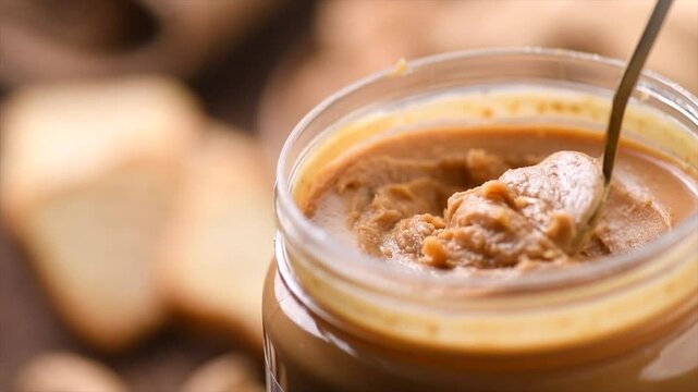 Peanut butter in a glass jar. Creamy smooth peanut butter. Mixing with a spoon, making sandwich, organic food. American cuisine. Slow motion