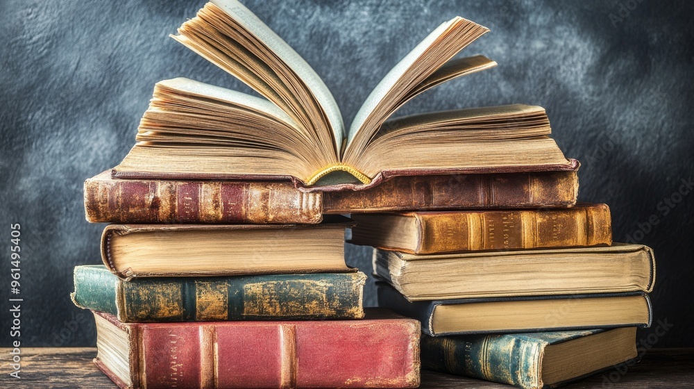 Poster a stack of old books with one book open to the middle. the open book symbolizes knowledge, learning,