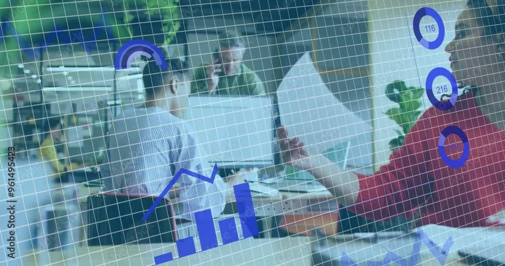 Poster business people working in office with financial graphs and data processing animation
