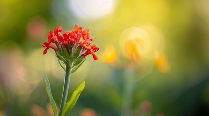 Fototapeta premium A red flower, closely framed, against a softly blurred backdrop of yellow and orange blooms