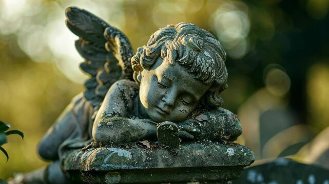 Ghostly angel statue resting peacefully in a tranquil cemetery during golden hour