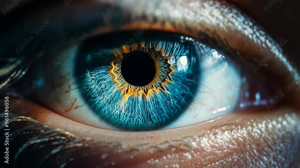 Poster exploring the intricate patterns of a mesmerizing blue eye with unique details and vibrant colors