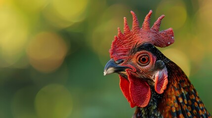  A tight shot of a rooster's head against a backdrop of trees with a softly blurred foreground