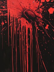 A striking abstract artwork showcasing a burst of red paint splattered against a black background.  The image evokes feelings of violence, passion, and energy. The dripping paint suggests a sense of m