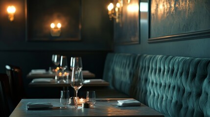 A stunning close view of an empty fine dining restaurant, illustrating sophistication, intimacy, culinary excellence, modern elegance, and cozy ambiance.