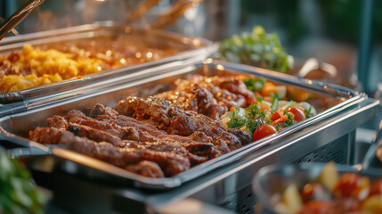 Stylowe wnętrze restauracji z bogato zastawionym bufetem cateringowym, na którym dominują grillowane mięsa. Potrawy są starannie ułożone, a świeże, aromatyczne mięso zachęca do spróbowania. 