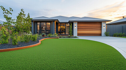 Obraz premium Nowoczesny ogród domu, w którym zastosowano sztuczną trawę i eleganckie drewniane obrzeża.